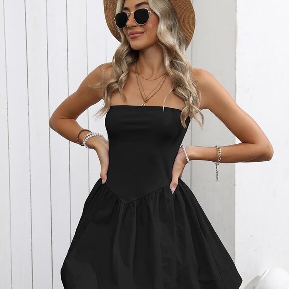 Women Mini Dress Strapless Cotton Spandex Summer Beach A Line Flowy - Picture 4 of 6